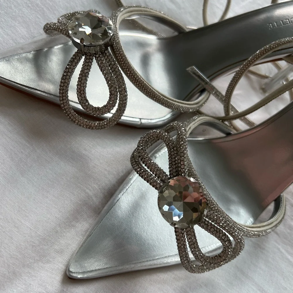 Brand new Ella Double Bow Clear Glass Slippers with Crystal Ankle Tie - Picture 4 of 9